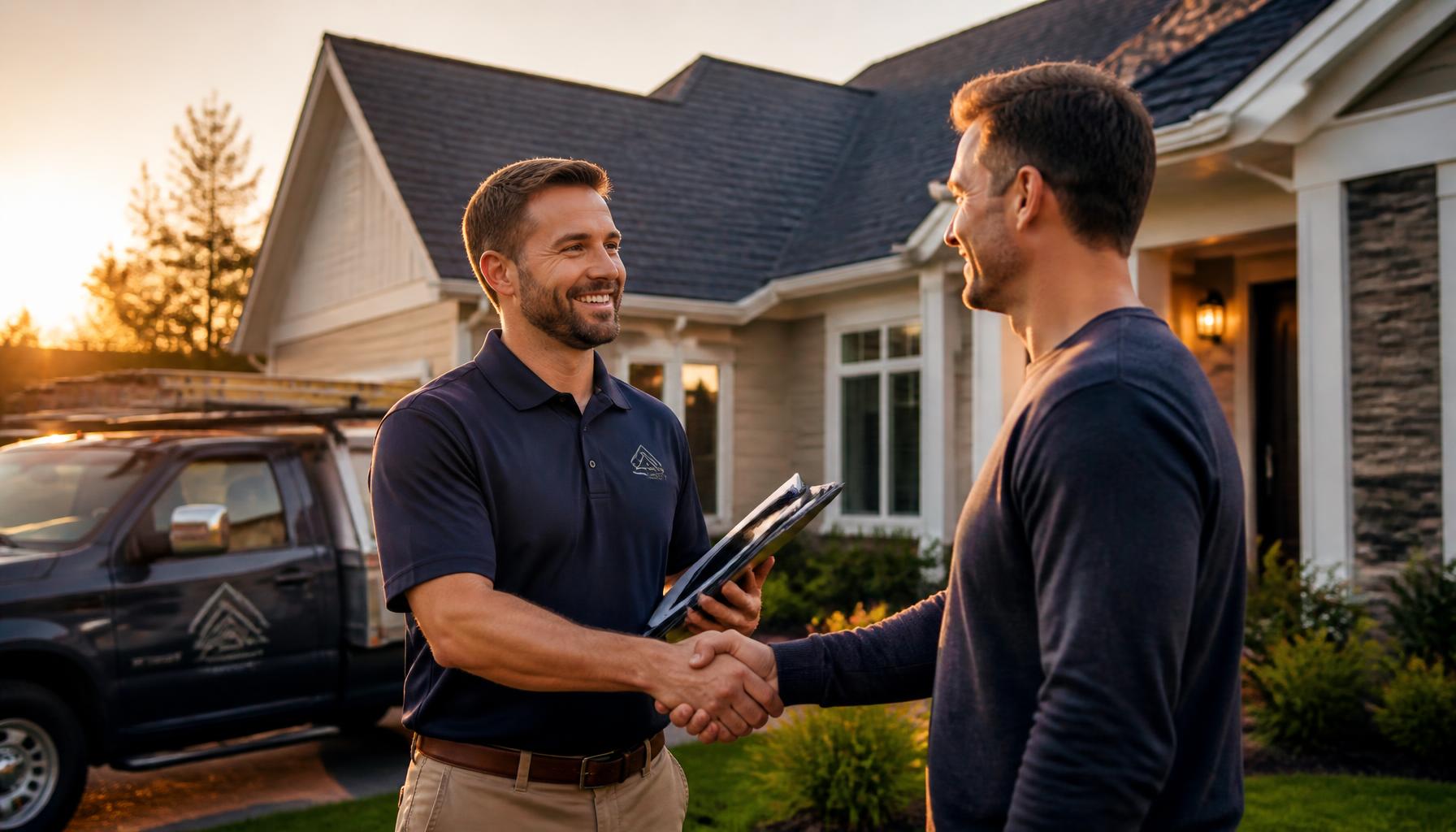 Roofing consultant shaking hands with a homeowner in front of a newly roofed home